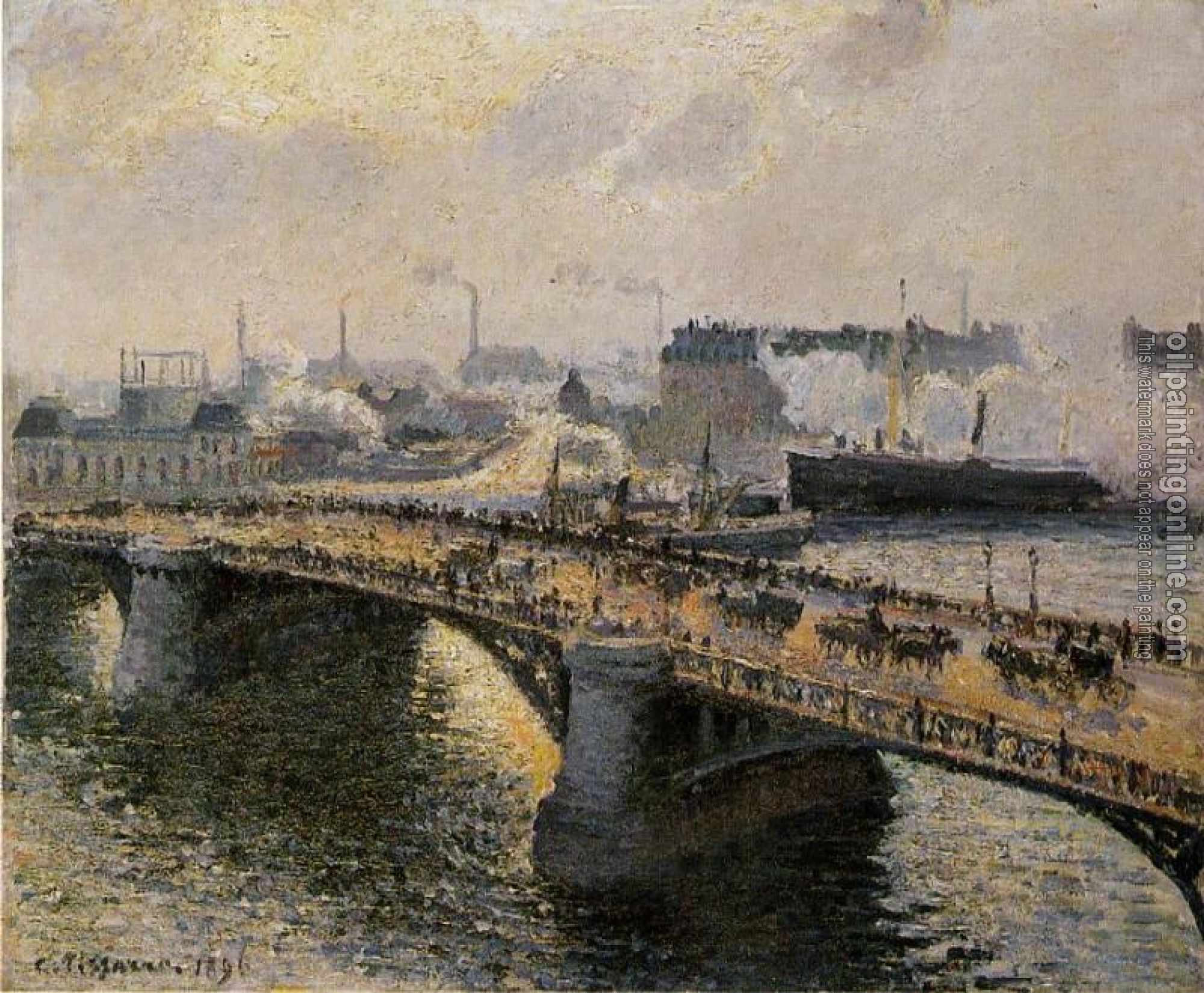 Pissarro, Camille - The Boieldieu Bridge, Rouen, Sunset, Misty Weather